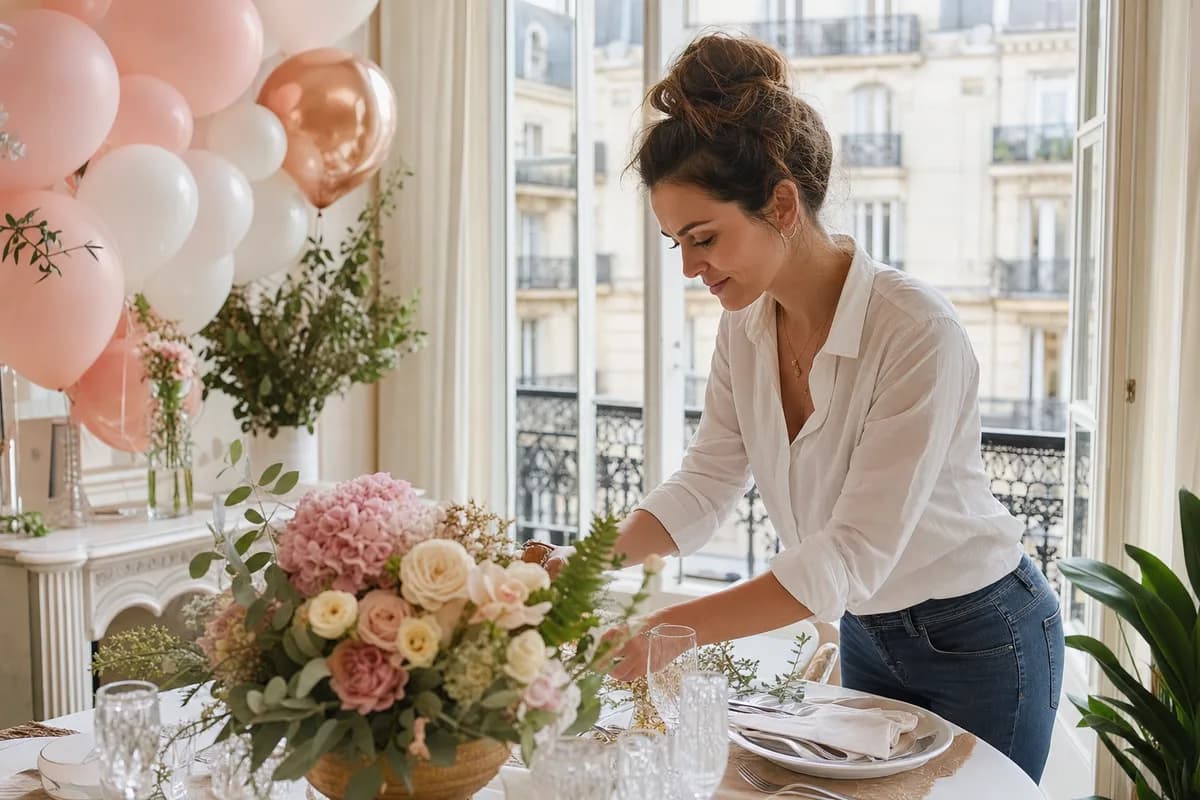 Prestataire événementiel préparant une décoration de baby shower